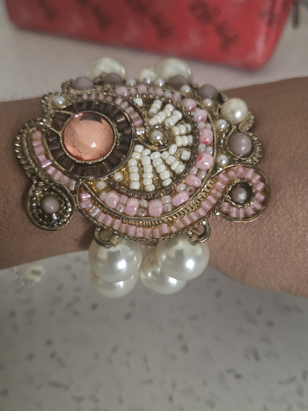 Handcrafted Pink Beaded Pearl Statement Bracelet